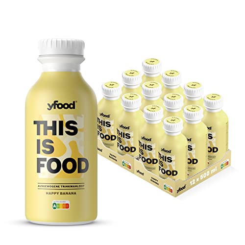 yfood Drink Happy Banana, Leckere Trinkmahlzeit für unterwegs, THIS IS FOOD Drink, 33g Protein, 26 Vitamine und Mineralstoffe, 12 x 500ml, Geschmack Banane, inkl. 3,00 € Pfand von YFood