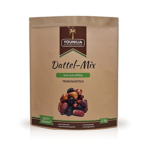 Dattel-Mix 3 kg: Ajwa, Medjool, Sukkari und vieles mehr I Sonnengetrocknete Premium Datteln von YOUNILIA - Die Goldene Dattelpalme