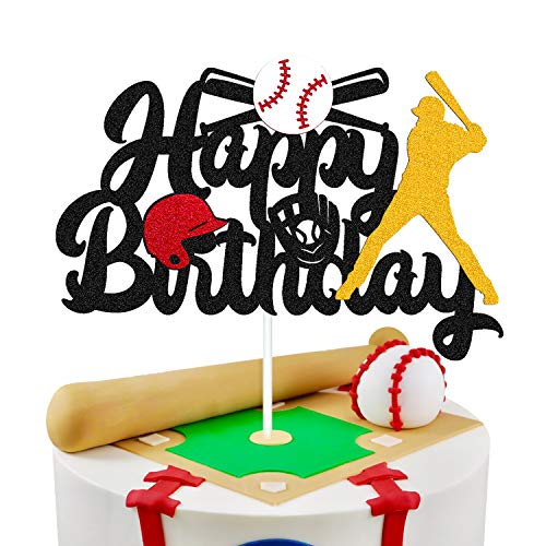 Baseball-Kuchendekorationen Happy Birthday Baseball-Spieler Kuchenaufsatz für Mann Junge Mädchen Sport Motto Bithday Party Supplies Glitzer Schwarz Dekor (doppelseitig) von YOYMARR