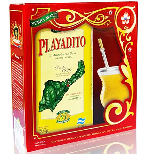 Playadito Set: Yerba Mate Tradicional 500g + Mate Becher (Kalebasse) aus Glas mit Leder überzogen (Gelb) + Bombilla Alpaca | Mate Tee aus Argentinien | Detox und Energie Getränk von Yerbee
