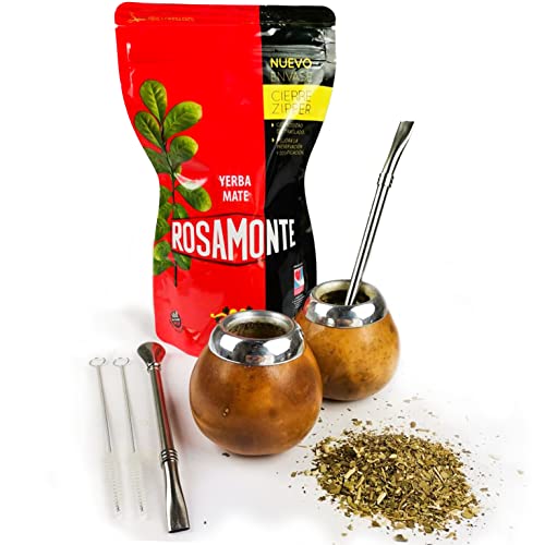 Rosamonte Yerba Mate Tee Set Tradicional Zip 250g | 2x Mate Becher Leopardenfarbe aus Kürbis (Kalebasse), Strohhalm - Bombilla | Detox und Energie Getränk von Yerbee