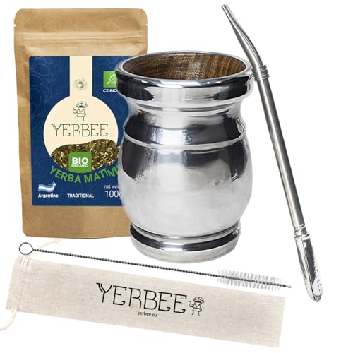 YERBEE Yerba Mate Ritual Set: Palo Santo Mate-Kürbis 250ml (Holz mit Aluminium-Beschichtung) - Edelstahl Bombilla 19cm - Yerbee Mate Bio Argentinien 100g - Reinigungsbürste - Leinenbeutel für Bombilla von Yerbee