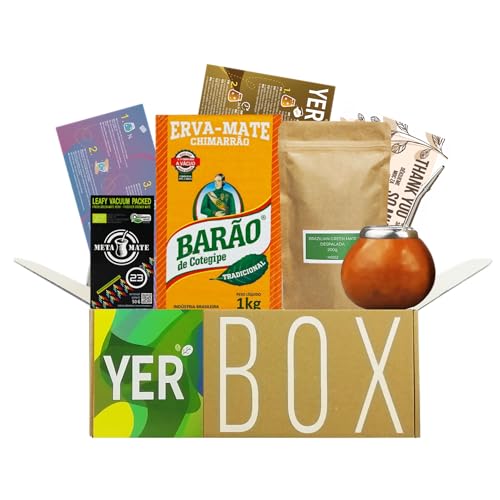 YERBOX Yerba Mate Tee Set: Brazilian green mate despalda 200g + Meta Mate 23 Bio Fresh Green 50g + Barao Chimarrao Traditional 500g Vacuum |Kalebasse aus Kürbis | Edelstahl Bombilla | Reinigungsbürste von Yerbee