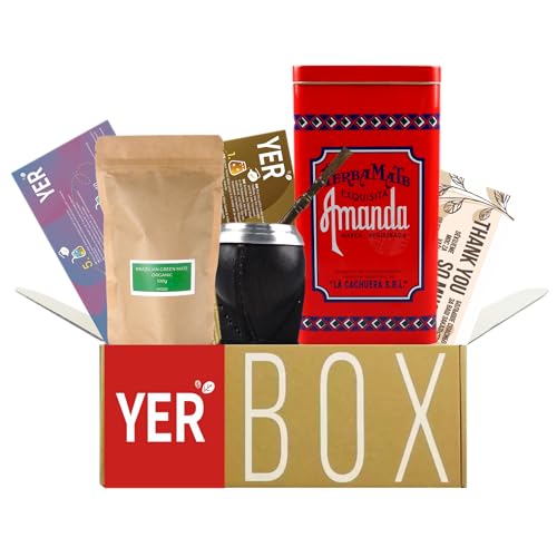 YERBOX Yerba Mate Tee Set: Brazilian green mate organic 100g + Amanda Exquisita Tin Can500g |Premium-Kürbis in Flaschenform - Kalebasse | Edelstahl Bombilla | Reinigungsbürste von Yerbee