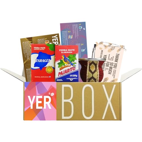 YERBOX Yerba Mate Tee Set: Pajarito Traditional 250g + Taragui Traditional 250g |Mate Becher Glas mit Leder Überzogen - Kalebasse | Mate Trinkhalm aus Edelstahl - Bombilla | Reinigungsbürste… von Yerbee