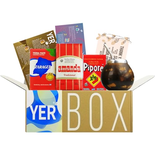 YERBOX Yerba Mate Tee Set: Taragui Traditional 250g + Amanda Traditional 250g + Pipore Traditional 250g|Mate Becher Kürbis (Leoparden und Tigerfarbe) - Kalebasse | Bombilla Edelstahl von Yerbee