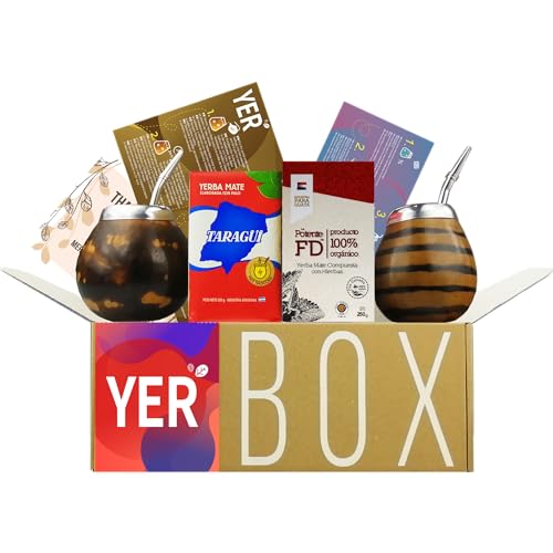 YERBOX Yerba Mate Tee Set: Taragui Traditional 250g + Fede Rico Potente 250g |2x Mate Becher Kürbis - Kalebasse | 2x Bombilla Edelstahl | Reinigungsbürste… von Yerbee