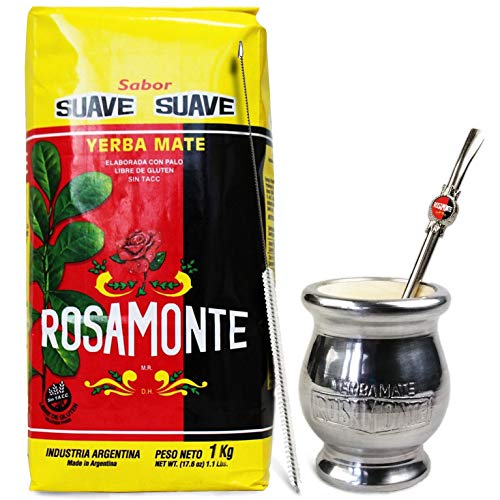 Yerba Mate Rosamonte Suave 1 kg Edelstahl Mate Tee Set: Yerba Matebecher - Kalebasse | Yerba Mate Tee Strohhalm - Bombilla | Reinigungsbürste von Yerbee