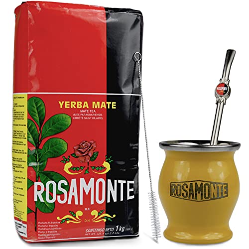 Yerba Mate Rosamonte Traditional 1 kg Edelstahl Mate Tee Set: Matebecher Gelb - Kalebasse | Mate Tee Strohhalm - Bombilla | Reinigungsbürste von Yerbee