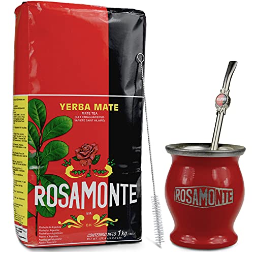 Yerba Mate Rosamonte Traditional 1 kg Edelstahl Mate Tee Set: Matebecher Rot - Kalebasse | Mate Tee Strohhalm - Bombilla | Reinigungsbürste von Yerbee