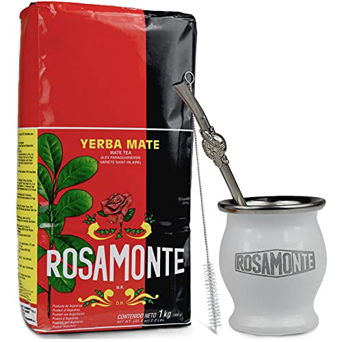 Yerba Mate Rosamonte Traditional 1 kg Edelstahl Mate Tee Set: Matebecher Weiß - Kalebasse | Mate Tee Strohhalm - Bombilla von Yerbee