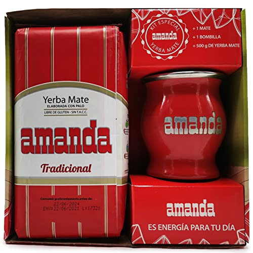 Yerba Mate Tee Amanda Tradicional 0.5kg + Edelstahl Set: Mate Becher Rot - Kalebasse | Mate Tee Strohhalm - Bombilla von Yerbee