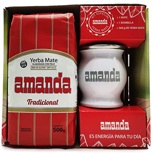 Yerba Mate Tee Amanda Tradicional 0.5kg + Edelstahl Set: Mate Becher Weiß - Kalebasse | Mate Tee Strohhalm - Bombilla von Yerbee