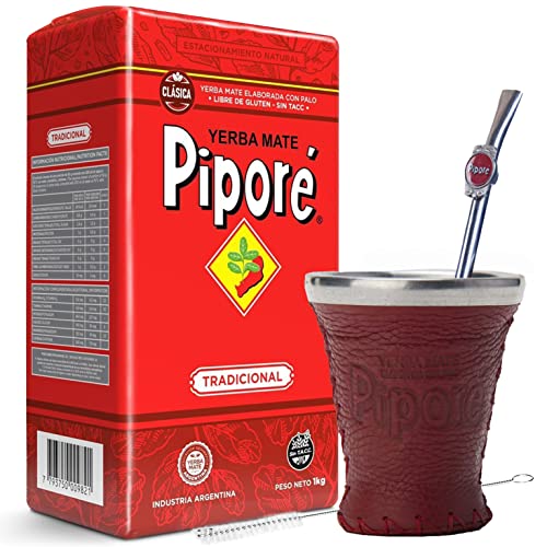 Pipore Yerba Mate Tee Tradicional 1kg + Probe (40g) + Kalebasse (Mate Becher) Glas/Leder (Braun), Edelstahl Bombilla Coco, Bürste:Reich an Antioxidantien, Vitaminen | Argentinien von Yerbox