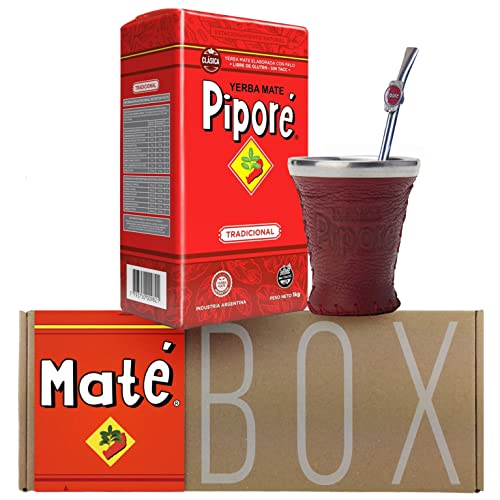 Pipore Yerba Mate Tee Tradicional 1kg + Probe (40g) + Kalebasse (Mate Becher) Glas/Leder (Rot), Edelstahl Bombilla Coco, Bürste:Reich an Antioxidantien, Vitaminen | Argentinien von Yerbox