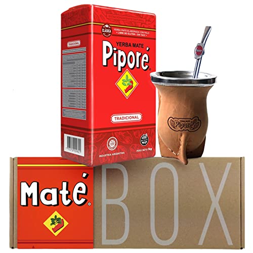 Pipore Yerba Mate Tee Tradicional 1kg + Probe (40g) + Kalebasse (Mate Becher) Kürbisleder (Torpedo Braun), Edelstahl Bombilla Coco, Bürste:Reich an Antioxidantien, Vitaminen | von Yerbox