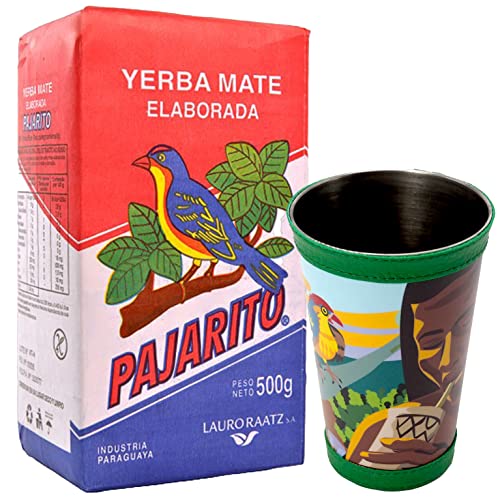 Yerba Mate Pajarito Traditional 500g + Pajarito Mate Becher Premium Kalebasse mit Logo, Lederbezug Grün| Tasse für Yerba Mate, Matcha, losen Tee | Mate Tee Set von Yerbox