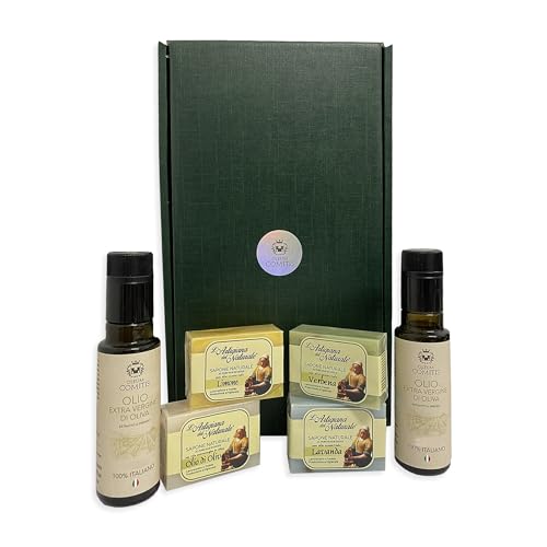 Oleum Comitis - Natives Olivenöl Extra 100% Italienisch Kaltgepresst - Geschenkbox mit 2 Flaschen à 100 ml und 4 Naturseifen à 100 g von YesEatIs