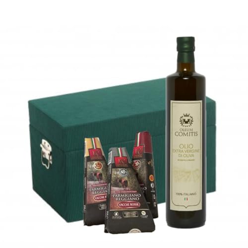 Oleum Comitis - Natives Olivenöl extra 100% italienisch - Holzgeschenkset mit 750 ml Flasche und Parmigiano Reggiano DOP Vacche Rosse 24, 30 und 40 Monate von YesEatIs