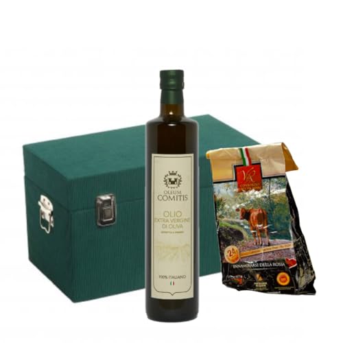 Oleum Comitis - Natives Olivenöl extra 100% italienisch - Holzgeschenkset mit 750 ml Flasche und Parmigiano Reggiano DOP Vacche Rosse 24 Monate 1 Kg von YesEatIs