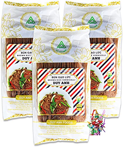 yoaxia ® - 3er Pack - [ 3x 400g ] Braune Reis Vermicelli / Reisnudeln / Brown Rice Vermicelli / Rice Noodles / Bun Gao Luc + ein kleiner Glücksanhänger gratis von yoaxia