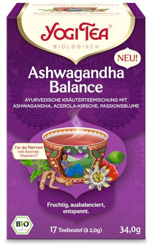 Yogi Tea Ashwaganda Balance, Bio Kräutertee mit Ashwaganda, Acerola-Kirsche, Passionsblume, koffeinfrei, Yogi Tee 6er Pack, 6x17 Teebeutel (102) von Yogi Tea