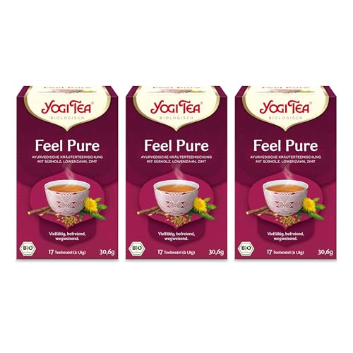 Yogi Tea - Feel Pure, Ayurvedischer Bio Gewürzteevon Natur aus Koffeinfrei, Gewürzmischung aus Süßholz, Löwenzahn und Zimt, Yogi Tee 3er Pack, 3x17 Beutel (51 Teebeutel insgesamt) von Yogi Tea