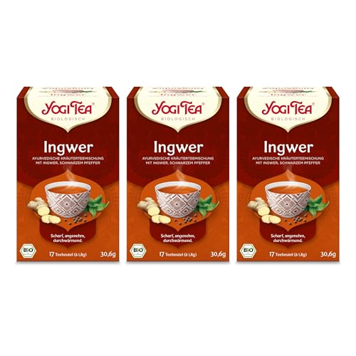 Yogi Tea - Ingwer, Ayurvedischer Bio Gewürz- und Kräutertee, natürlich koffeinfrei, Mischung aus Ingwer, schwarzem Pfeffer, Yogi Tee 3er Pack, 3x17 Beutel (51 Teebeutel insgesamt), Ideal als Geschenk von Yogi Tea