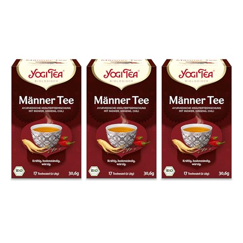 Yogi Tea - Männer Tee, Ayurvedischer Bio Gewürzteevon Natur aus Koffeinfrei, Mischung aus gerösteten Kräutern und Gewürzen, Ginseng, Chili und Muskatblüte, 3x17 Beutel (51 Teebeutel insgesamt) von Yogi Tea