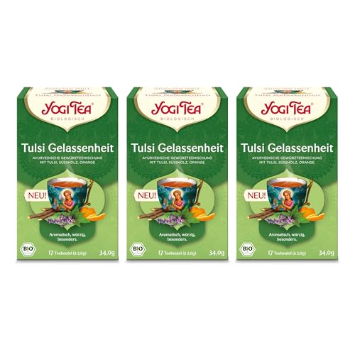 Yogi Tea - Tulsi Gelassenheit, Ayurvedischer Bio Kräutertee, von Natur aus koffeinfrei, Mischung aus Tulsi - "heiligem" Basilikum, Süssholz und Orange, Yogi Tee 3er Pack, 3x17 Beutel (51 Teebeutel) von Yogi Tea