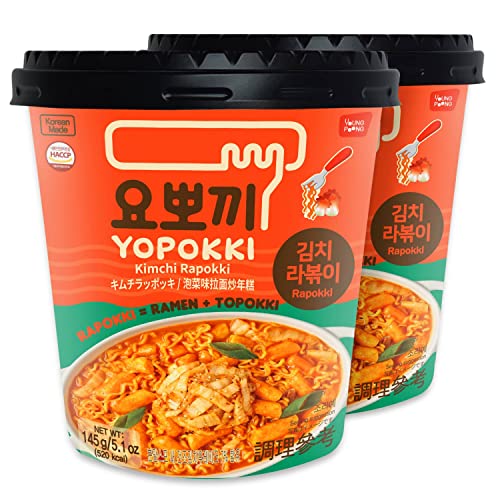 Yopokki Instant Rabokki Cup (Kimchi, 2 Tassen) Koreanisches Street Food mit Kimchi-Geschmack Sauce Ramen Nudel Topokki Reiskuchen – schnell und einfach zuzubereiten von Yopokki