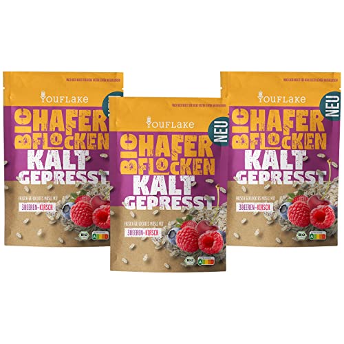 YouFlake Kaltgepresste Bio Haferflocken 3Beeren-Kirsch | 3 x 320 g | Müslimischung mit Haferflocken, Früchten und Beeren von YouFlake