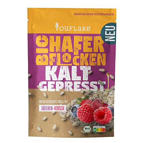 YouFlake Kaltgepresste Bio Haferflocken 3Beeren-Kirsch | 320 g | Müslimischung mit Haferflocken, Früchten und Beeren | schonend und frisch gepresst von YouFlake