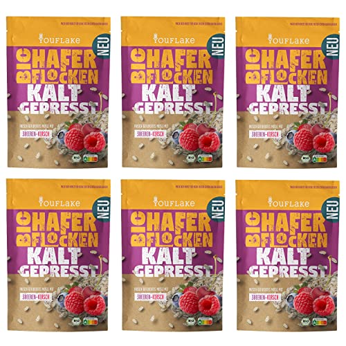 YouFlake Kaltgepresste Bio Haferflocken 3Beeren-Kirsch | 6 x 320 g | Müslimischung mit Haferflocken, Früchten und Beeren von YouFlake