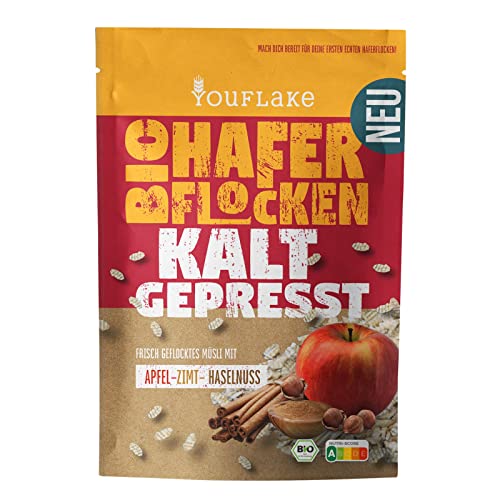 YouFlake Kaltgepresste Bio Haferflocken Apfel-Zimt-Haselnuss | 320 g | Apfel-Zimt-Müslimischung mit Haferflocken und Haselnüssen | schonend und frisch gepresst von YouFlake