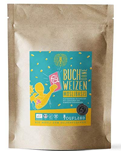 YouFlake Müsli Basis (Bio) BUCH ohne WEIZEN | glutenfreies Müsli für Flockenquetsche | Nackthafer, Dinkel, Sesam & Leinsamen | 2,5kg von YouFlake