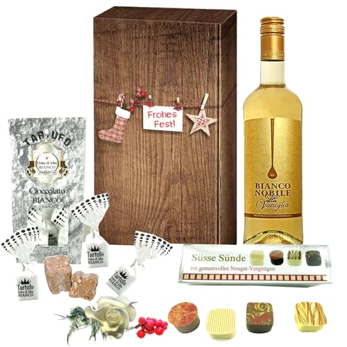 Geschenk für viele Anlässe mit italienischem Weißwein | Tartufo Bianco | 4 Schokoladen Pralinen | Hochwertige Geschenke zum versenden für Frauen & Männer - Inkl. Grußnachricht und Grußkarte von Yui`s Delikatessen