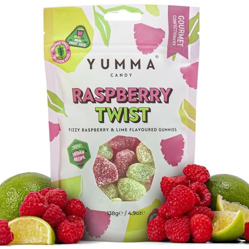 Yumma Candy Raspberry Twist, 138 g – Vegane Himbeer-Limetten-Gummibonbons im wiederverschließbaren Beutel von Yumma