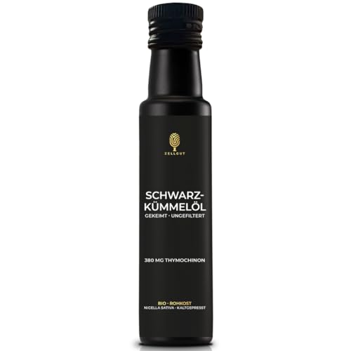 ZELLGUT© Bio SCHWARZKÜMMELÖL 100ml | rein, schonend kaltgepresst, GEKEIMT & nativ | aus original ägyptischem Schwarzkümmel | Frischegarantie: direkt vom Hersteller | 380 mg THYMOCHINON von ZELLGUT