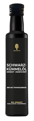 ZELLGUT© Bio SCHWARZKÜMMELÖL 250ml | rein, schonend kaltgepresst, GEKEIMT & nativ | aus original ägyptischem Schwarzkümmel | Frischegarantie: direkt vom Hersteller | 380 mg THYMOCHINON von ZELLGUT