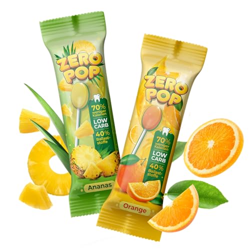 ZERO POP LOLLI MIX Ananas & Orange | zuckerfrei & vegan | 70% weniger Kalorien | 40% Ballaststoffe | Low Carb Süßigkeiten | 40 Stk je 8,5 Kalorien | 300g Inhalt von ZERO POP