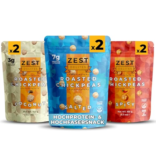 Kichererbsen Geröstet von Zest Delites, Gesunde Snacks, Kalorienarme Snacks, Aromen von Würzig, Gesalzen, Kokosnuss, High Protein Snacks, Healthy Snacks, Kichererbsen Getrocknet, Packung mit 6 von ZEST Delites