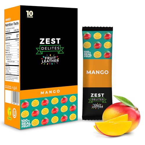 Zest Delites Fruchtriegel Snackbox, Einzeln Verpackte Süßigkeiten, Glutenfreie und Vegane Lebensmittel, Mango, 25g Packung mit 10 Stück, Ohne Zuckerzusatz Fruchtleder von ZEST Delites