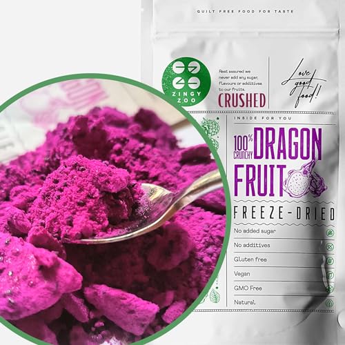 Zerkleinerte Drachenfrucht Trockenfrüchte Gefriergetrocknet | XL 300g Getrocknet Pink Pitaya Pulver mit Stücken aus geschnittenen Scheiben | Freeze Dried Dragon Fruit Crushed ZingyZoo von ZINGY ZOO