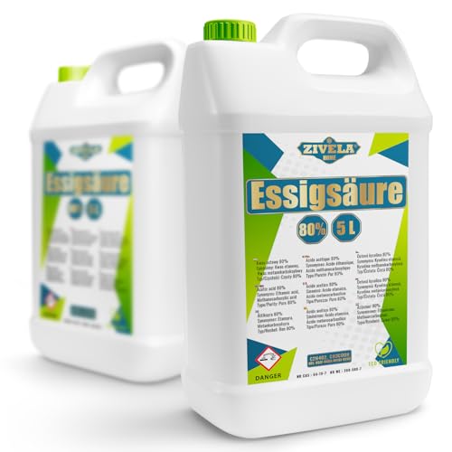 10L Essigsäure 80% Premium Qualität | 2x5L Essigessenz 80 prozent Lebensmittelqualität 10 kg | Hochreiner Essig für Vielseitige Anwendungen | Perfekt für Hausgebrauch Industrie Gartenbau Reinigung von ZIVELA