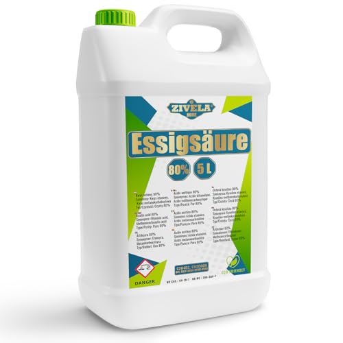 5L Essigsäure 80% Premium Qualität | Essigessenz 80 prozent Lebensmittelqualität 5 kg | Hochreiner Essig für Vielseitige Anwendungen | Perfekt für Hausgebrauch, Industrie, Gartenbau und Reinigung von ZIVELA