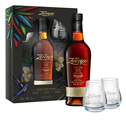 Zacapa Ron Sistema 23 Solera, Exquisiter Rum aus südamerikanischem Hause, in edler Geschenkverpackung mit 2 Nosing-Gläsern, 40 Prozent vol 700 ml Einzelflasche, Geschenkset mit zwei Gläsern von Ron Zacapa