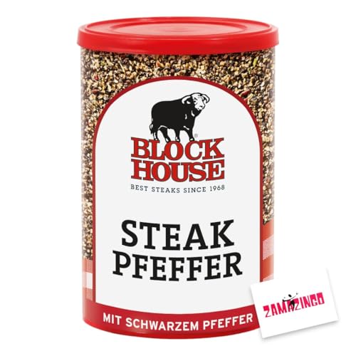 Block House Steak Pfeffer 200g | Würzmischung mit Schwarzem Pfeffer für intensiven Geschmack, ideal für Grillen und Kochen, verleiht Fleisch eine pikante Note + Zama4Zingo Karte (1er Pack) von Zama4Zingo