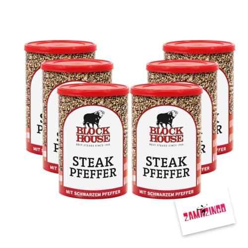 Block House Steak Pfeffer 200g | Würzmischung mit Schwarzem Pfeffer für intensiven Geschmack, ideal für Grillen und Kochen, verleiht Fleisch eine pikante Note + Zama4Zingo Karte (6er Pack) von Zama4Zingo