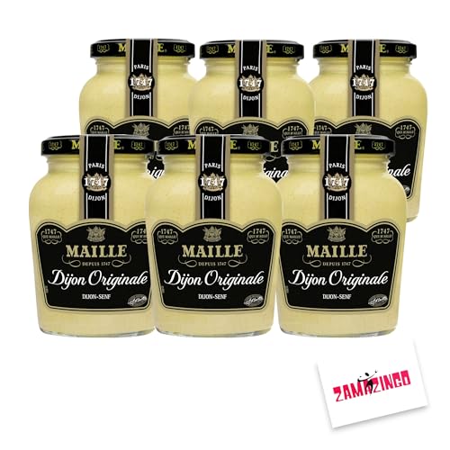 Maille Senf DIjon im Glas 215g (6er Pack) | Feinster Senf aus ganzen Senfkörnern, delikat mit Dijon Originale | Gourmets und Feinschmecker + Zama4Zingo Karte von Zama4Zingo